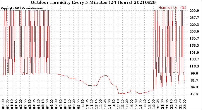 Milwaukee Weather Outdoor Humidity<br>Every 5 Minutes<br>(24 Hours)